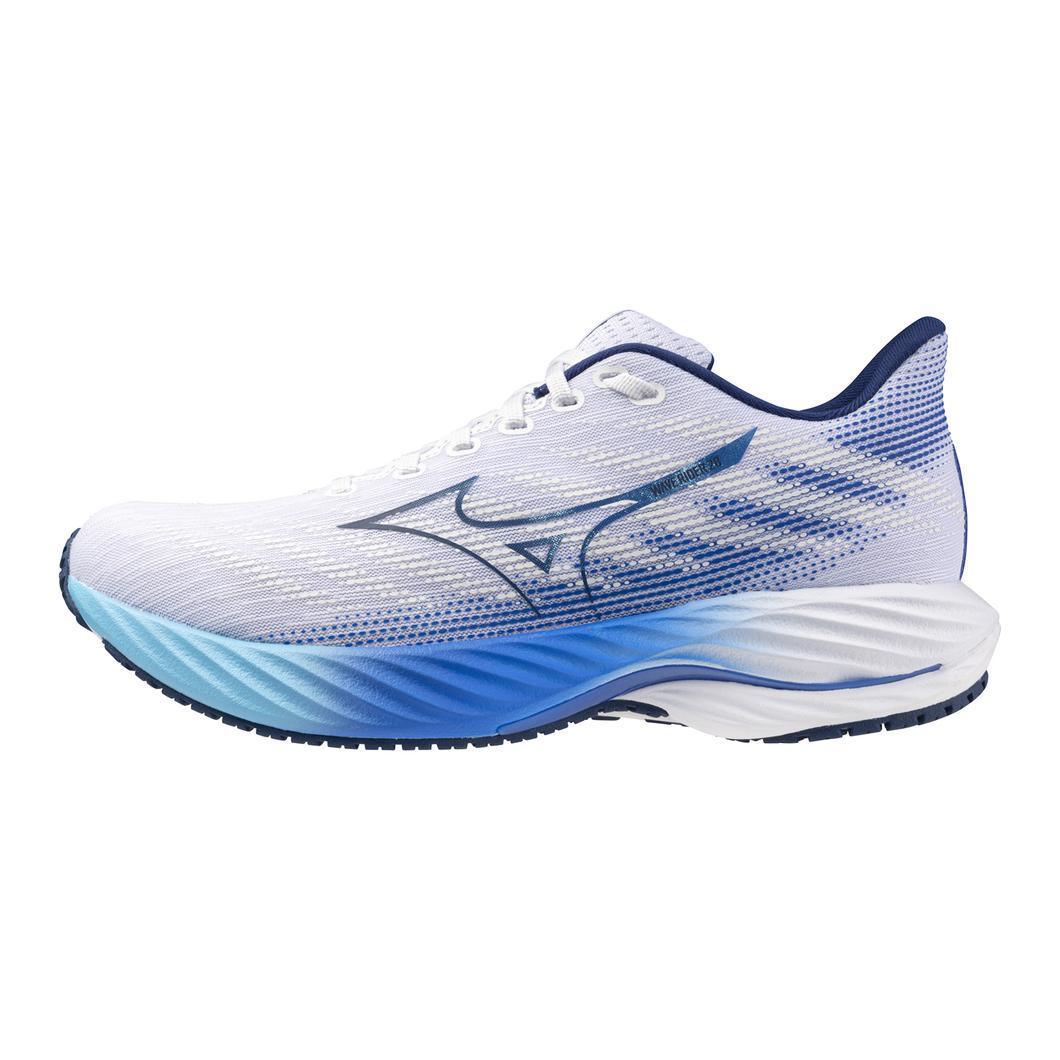 White and blue athletic running shoe with mesh upper and cushioned sole, side logo visible