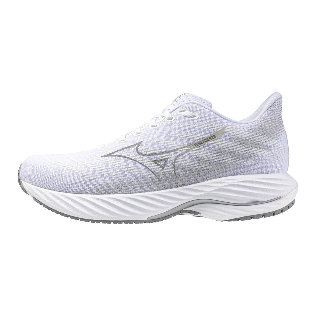 White Mizuno running shoe with silver accents, mesh upper, and cushioned sole on white background