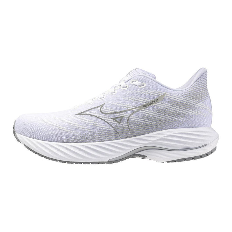 White Mizuno running shoe with silver accents, mesh upper, and cushioned sole on white background