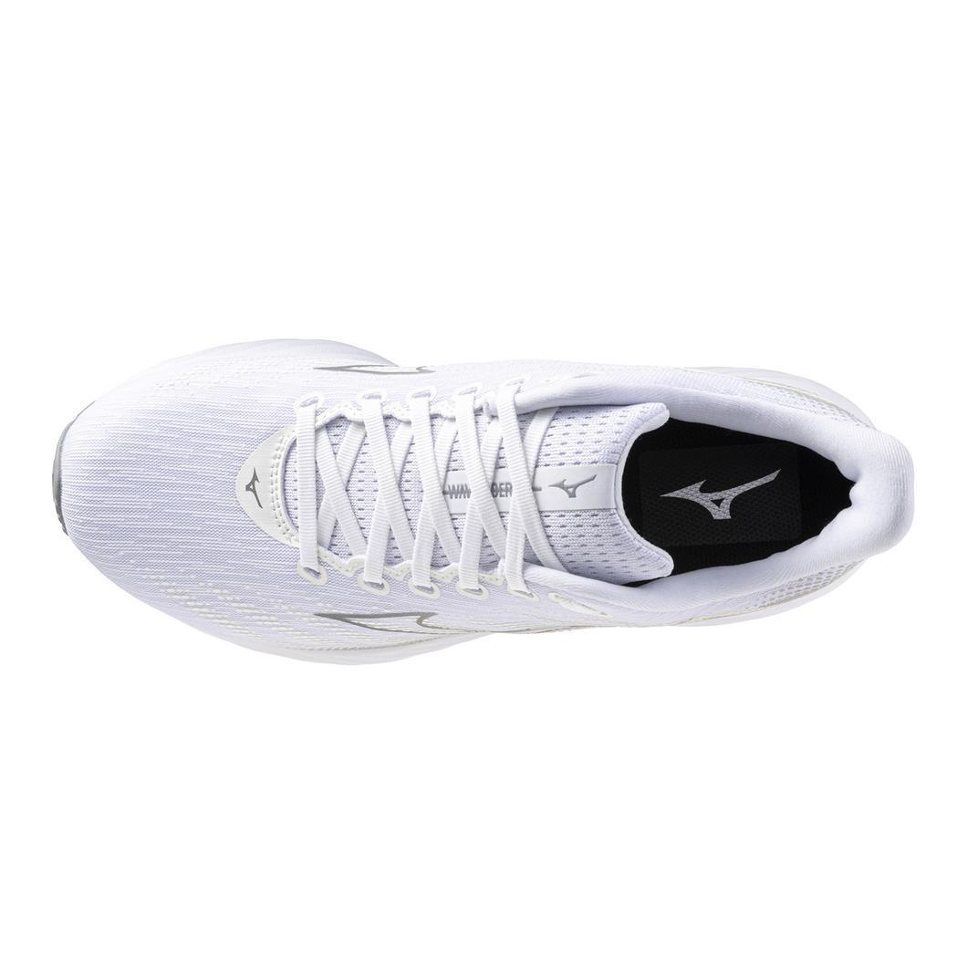 Top view of a white athletic sneaker with mesh upper and laces, Mizuno logo on tongue and insole