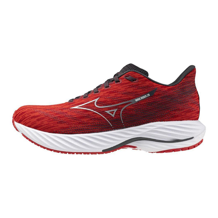 Red and black athletic running shoe with white sole, side profile on white background