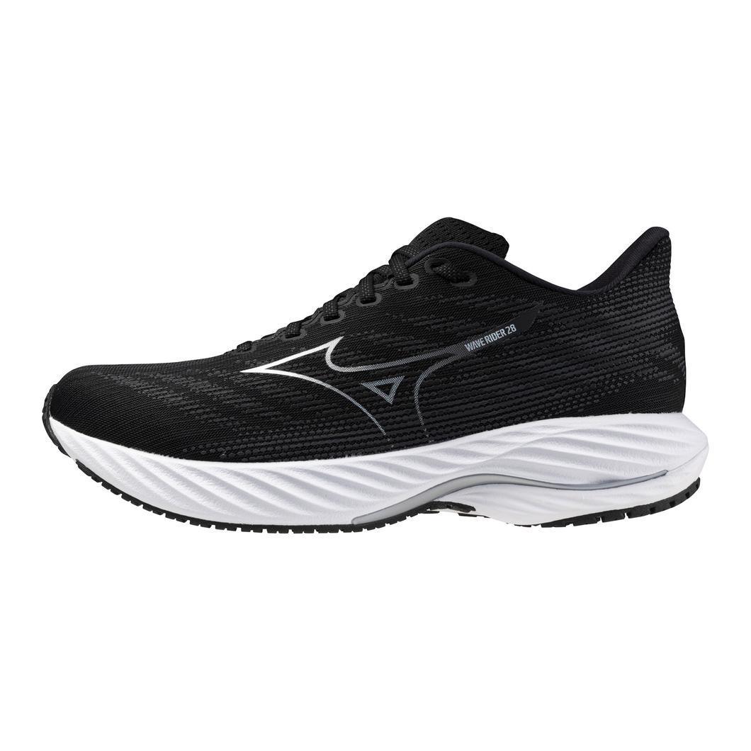 Black and white athletic running shoe with mesh upper and cushioned sole on white background