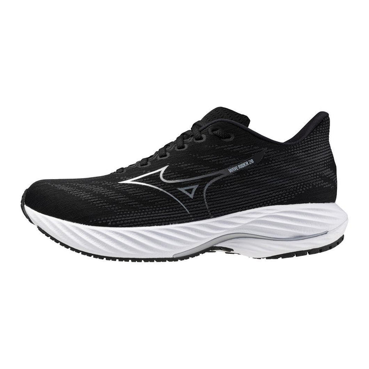 Black and white athletic running shoe with mesh upper and cushioned sole on white background