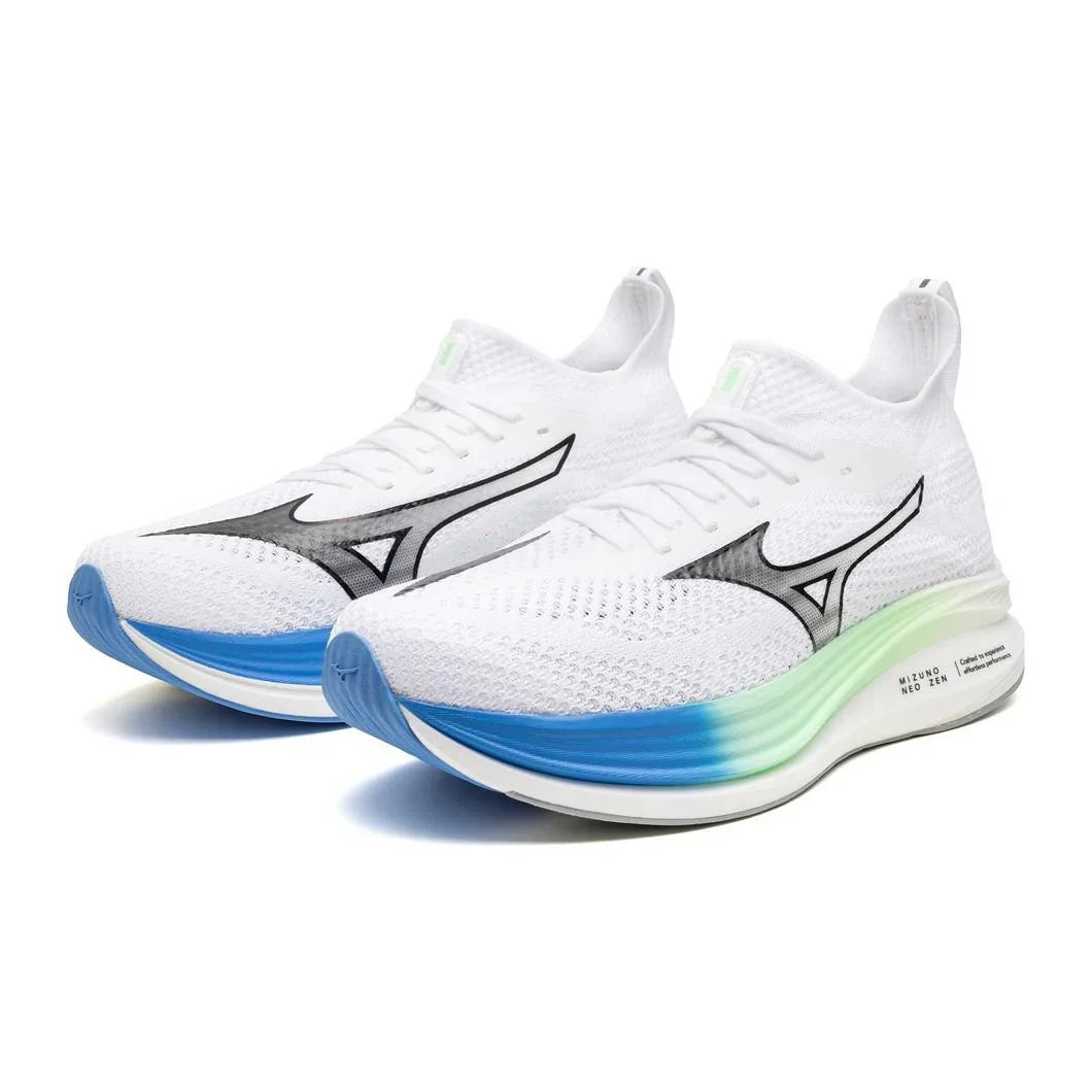White mesh athletic running shoes with black logo, blue and green gradient soles