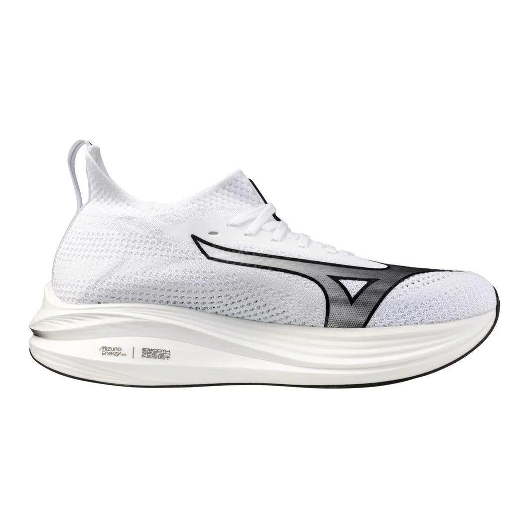 White athletic running shoe with mesh upper, thick cushioned sole, and black logo detailing