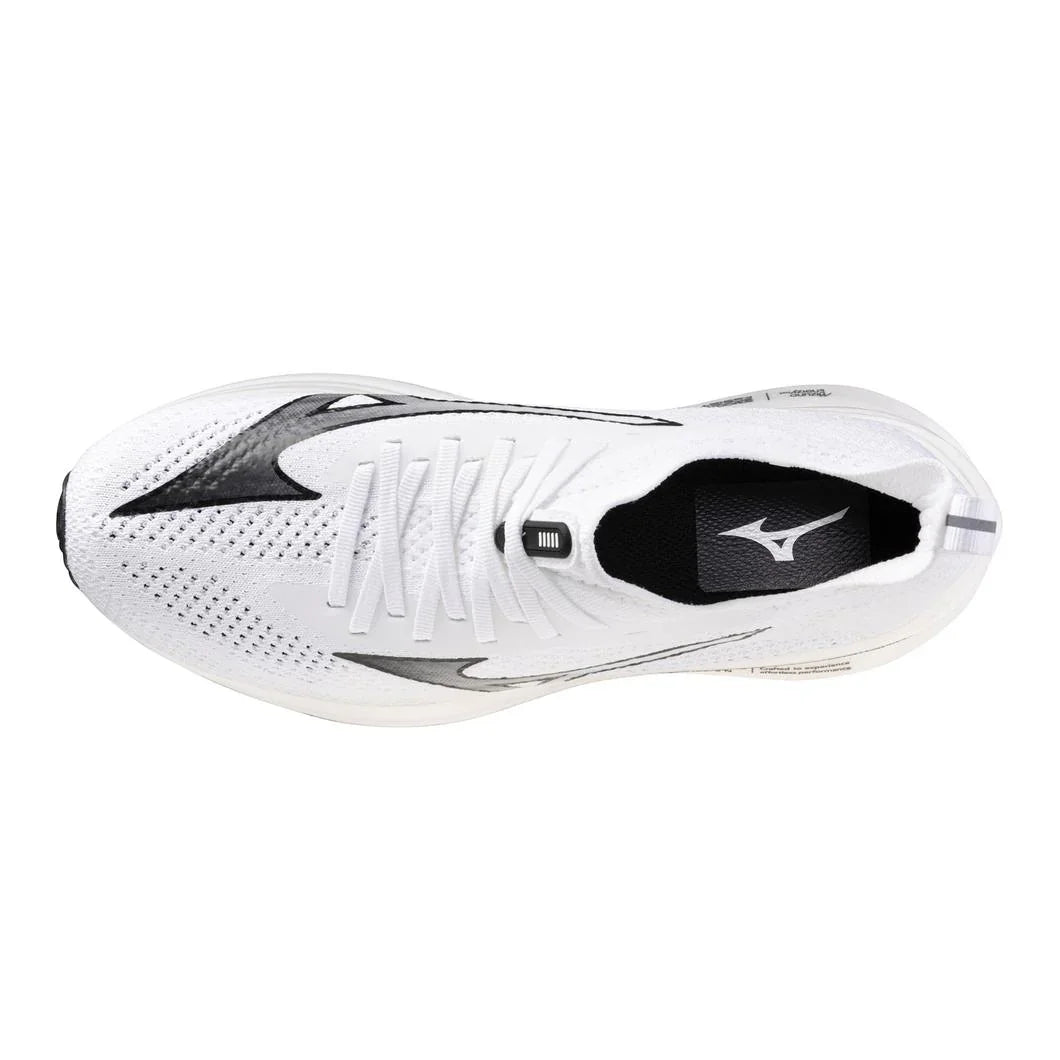 Top view of white athletic running shoe with black accents and mesh upper