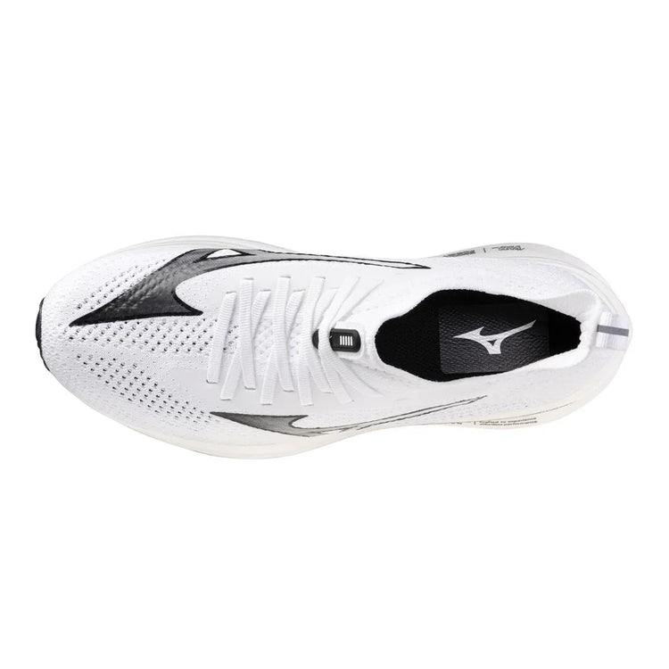 Top view of white athletic running shoe with black accents and mesh upper