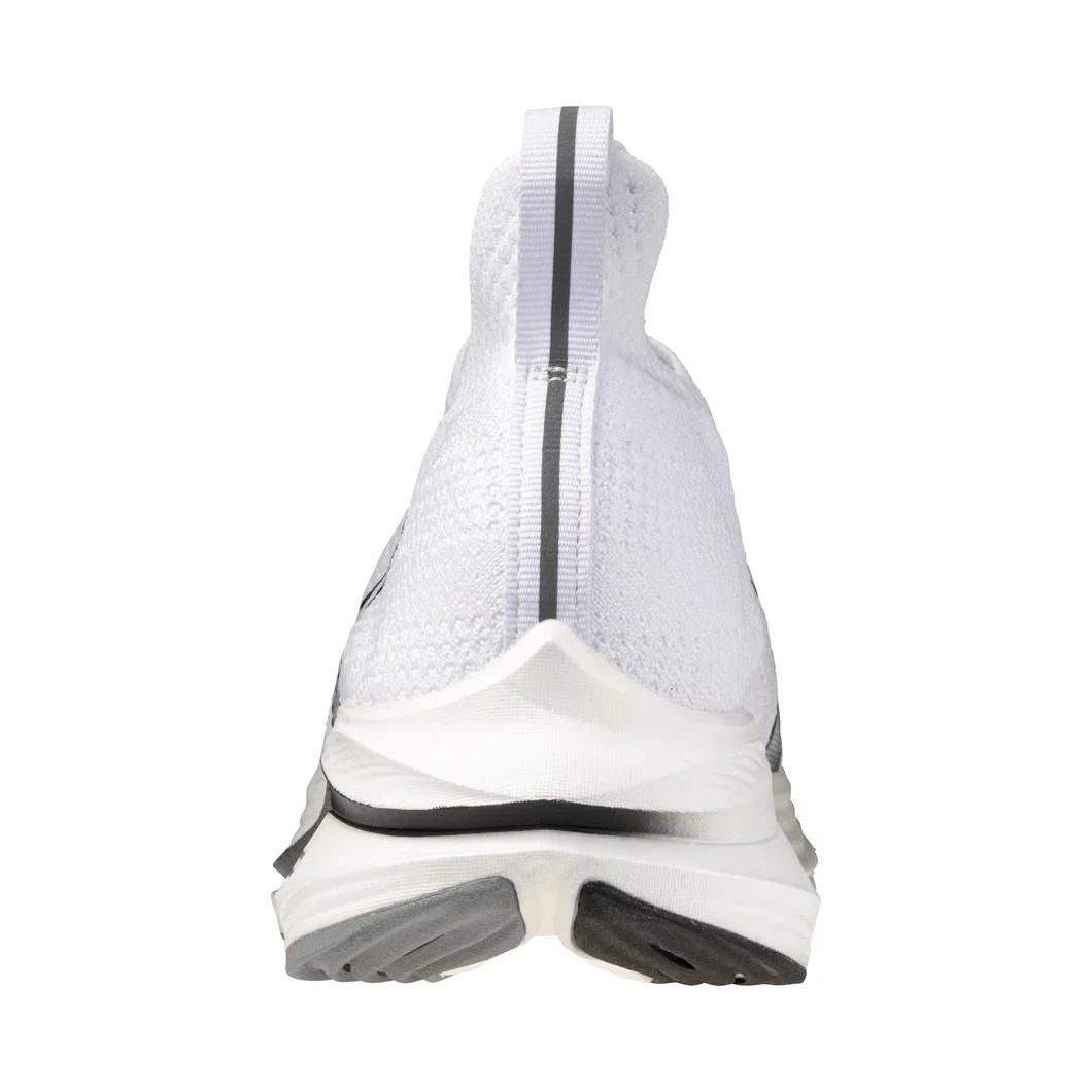 Rear view of a white athletic sneaker with gray accents and a knit upper