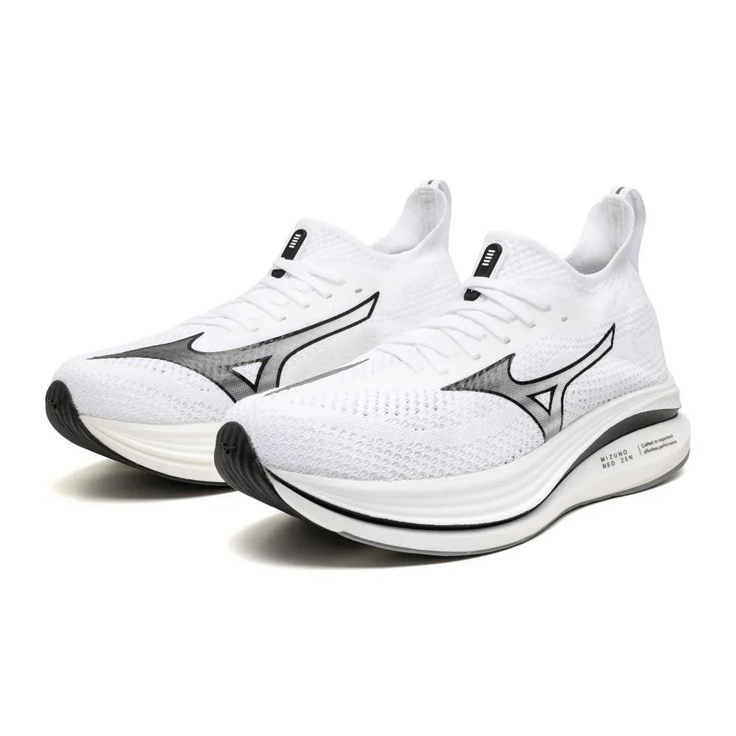 White mesh athletic running shoes with black accents and cushioned sole, side view