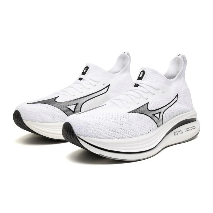 White mesh athletic running shoes with black accents and cushioned sole, side view