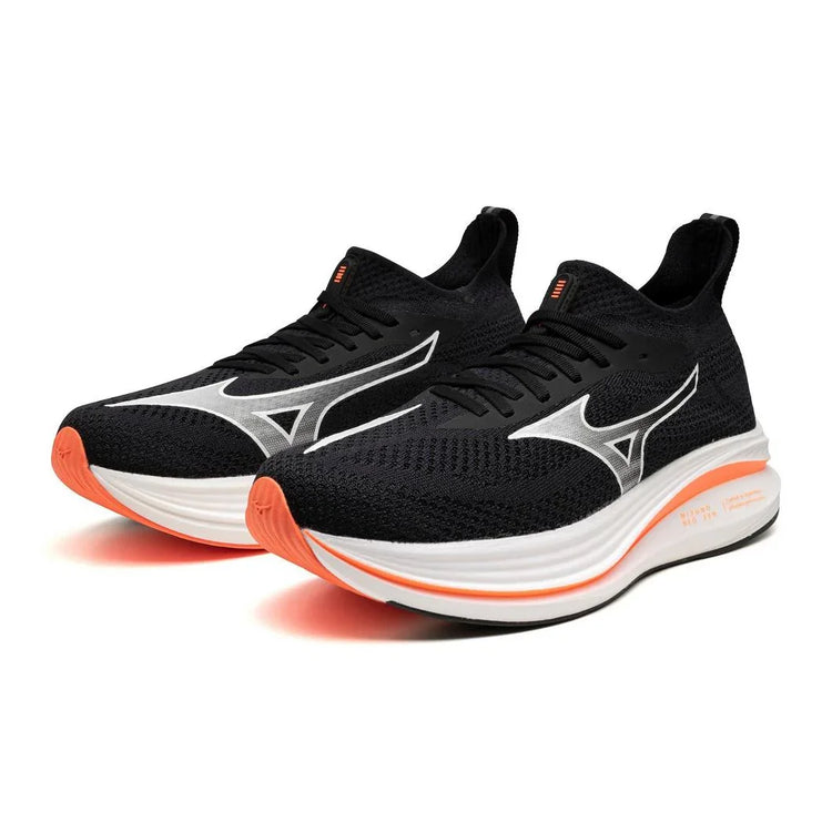 Black athletic running shoes with white midsoles and orange accents, side logo visible