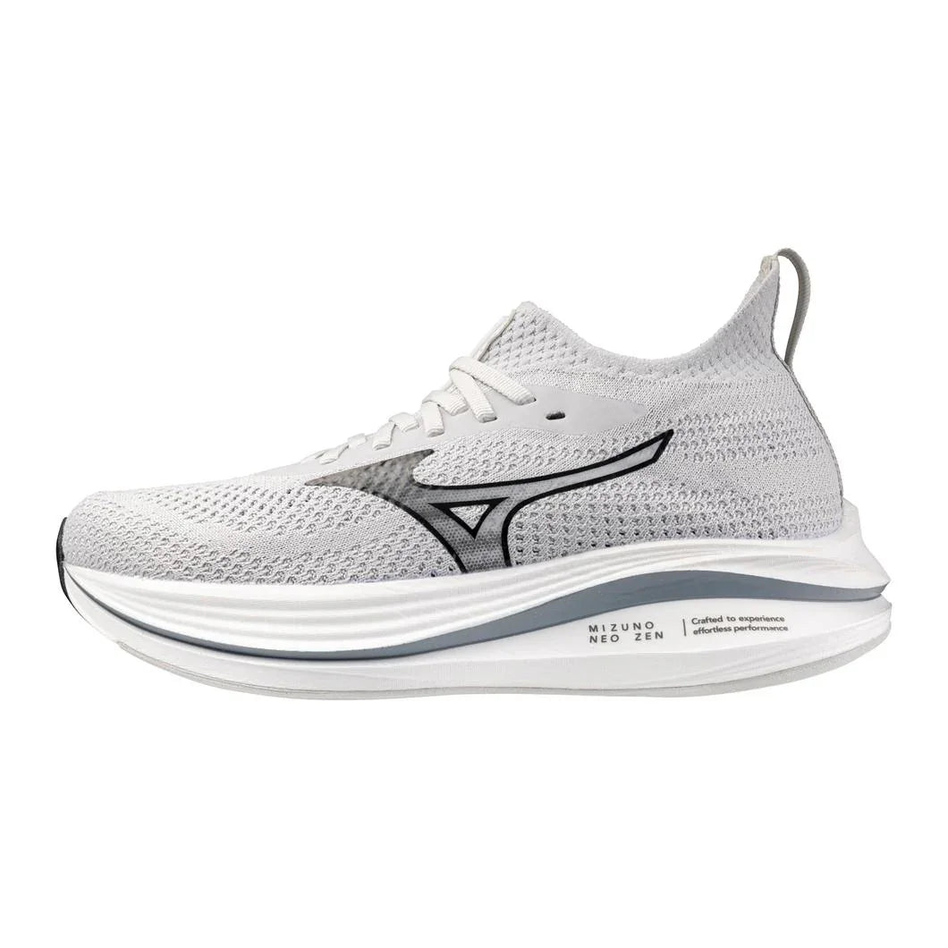 White Mizuno NEO ZEN athletic shoe with mesh upper and cushioned sole, side profile