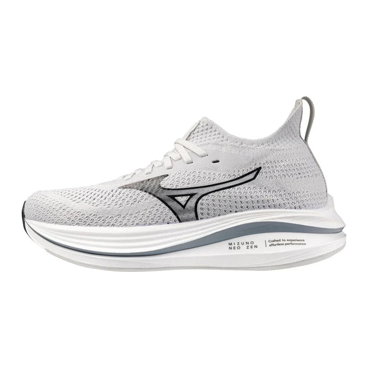 White Mizuno NEO ZEN athletic shoe with mesh upper and cushioned sole, side profile