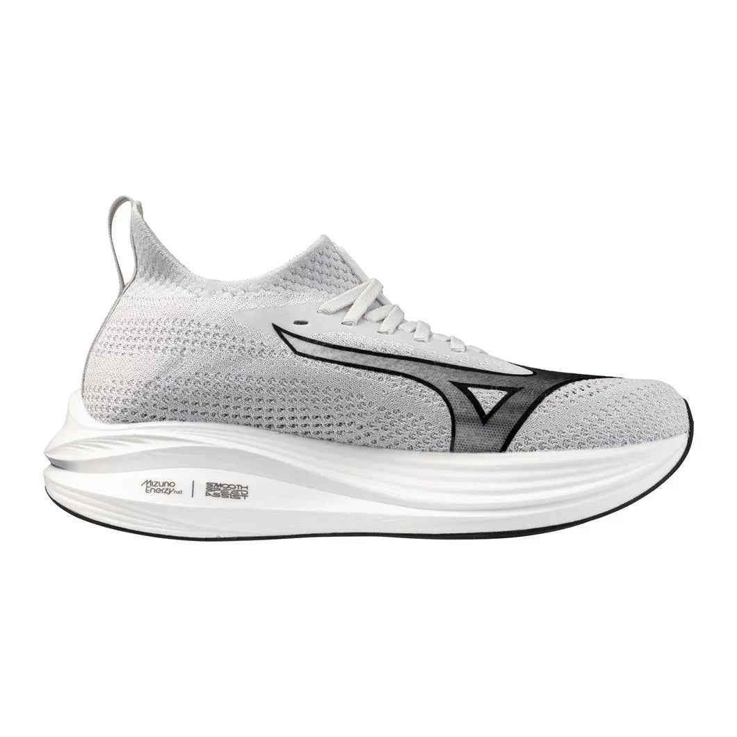 White and gray athletic running shoe with mesh upper and cushioned sole, side view
