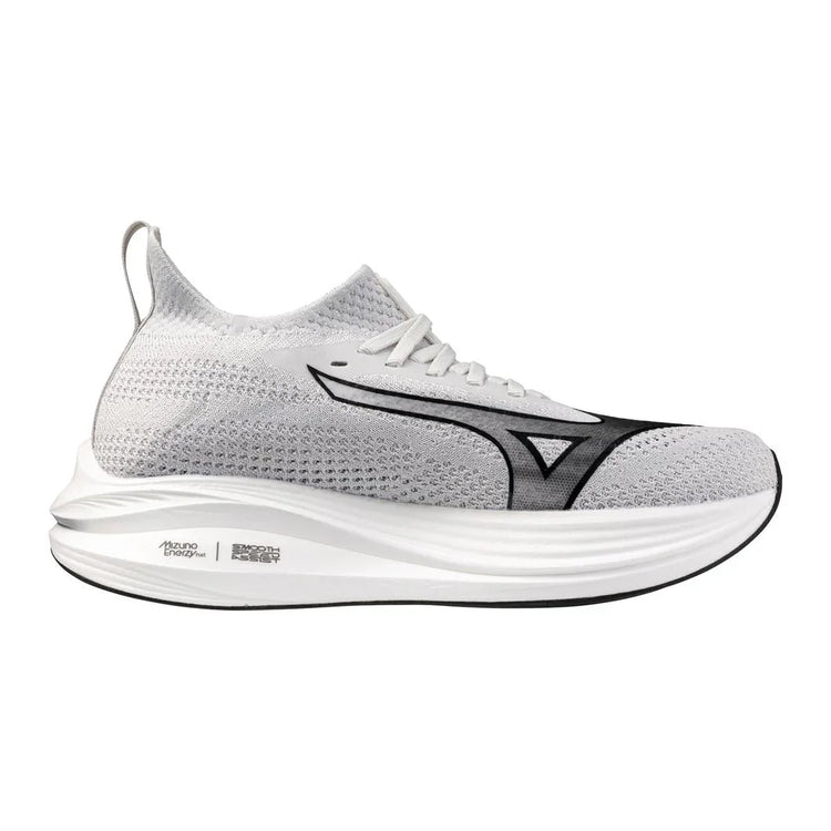 White and gray athletic running shoe with mesh upper and cushioned sole, side view