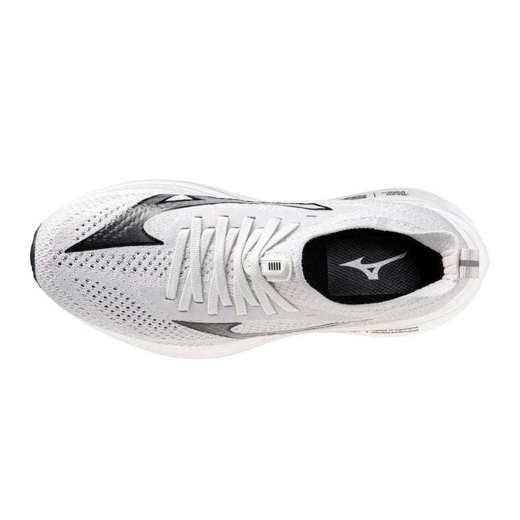 Top view of a white athletic running shoe with black accents and mesh upper for breathability