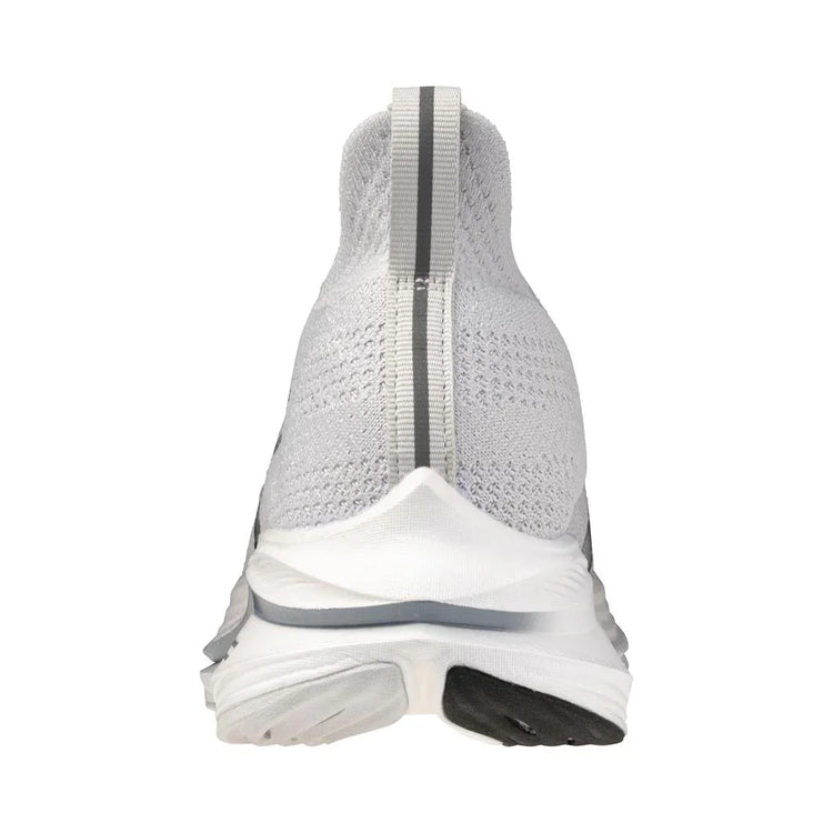 Rear view of a white athletic sneaker with gray details and a textured knit upper