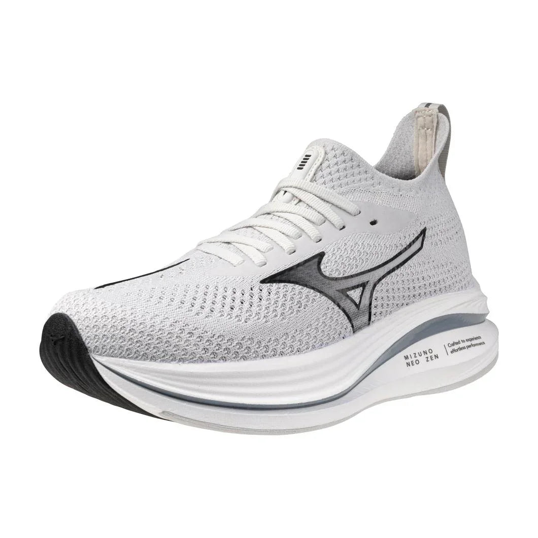 White Mizuno Neo Zen athletic shoe with knit upper, thick cushioned sole, and black logo.