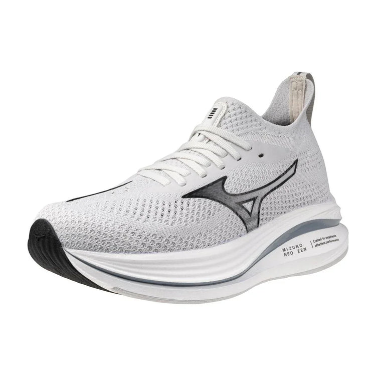 White Mizuno Neo Zen athletic shoe with knit upper, thick cushioned sole, and black logo.