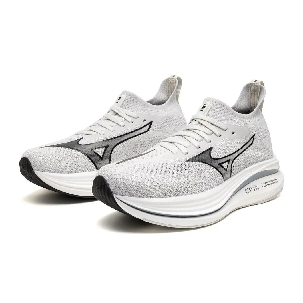 White mesh running shoes with black logo and thick cushioned soles, side view