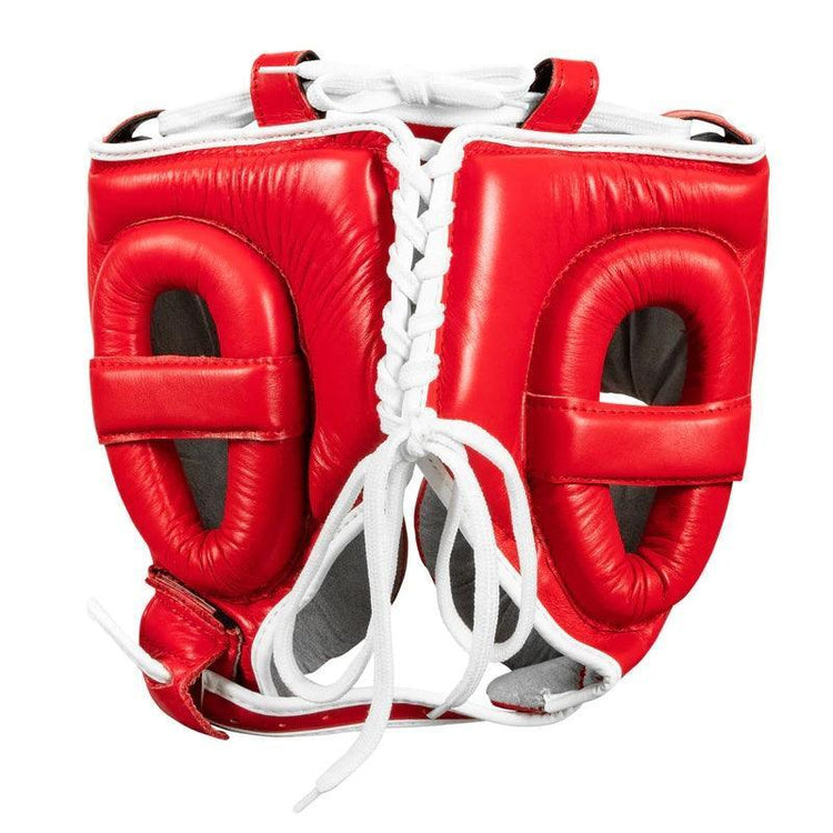 Red lace-up leather boxing headgear with padded ear protection, front view
