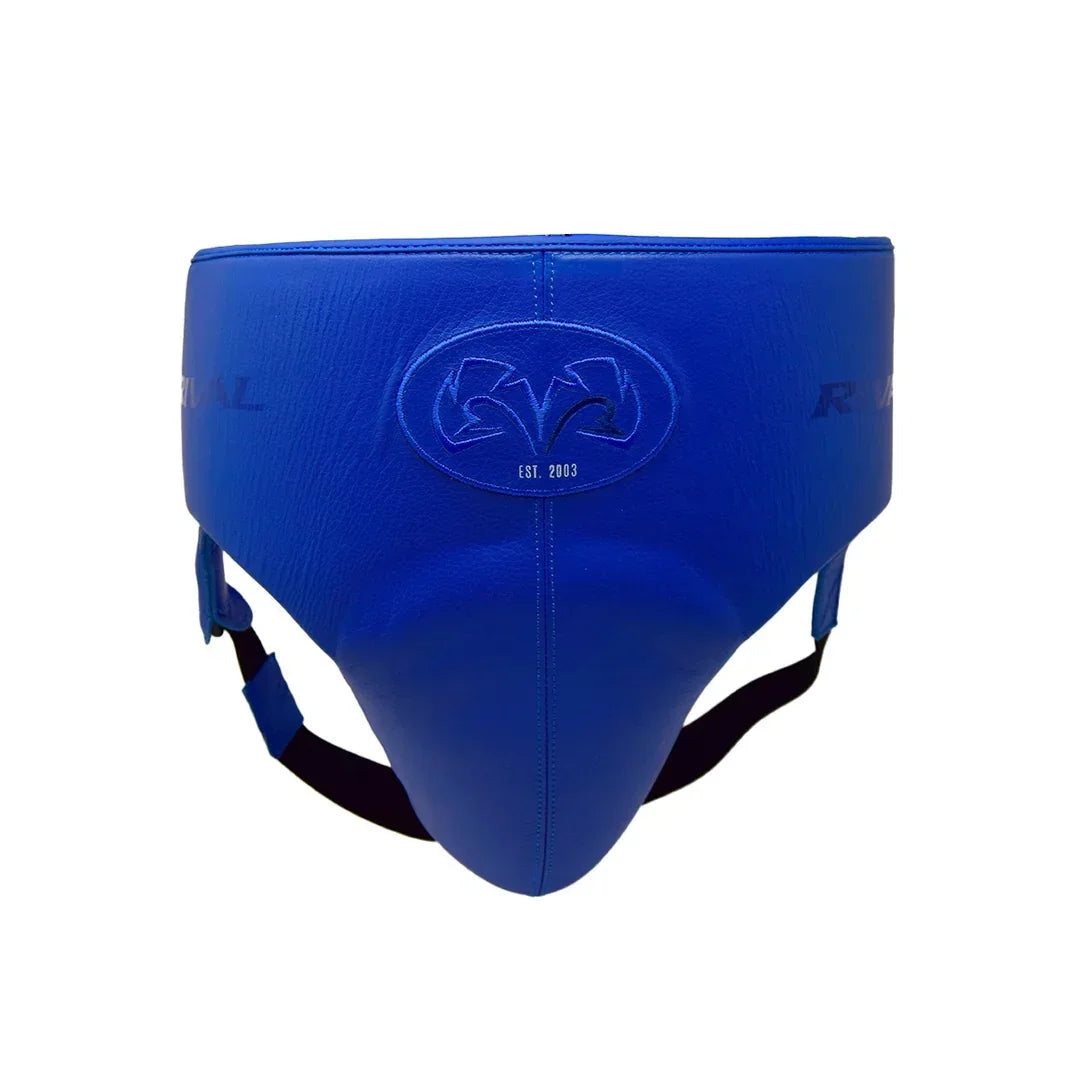 Blue boxing groin protector with adjustable straps and embossed logo on front, isolated on white background