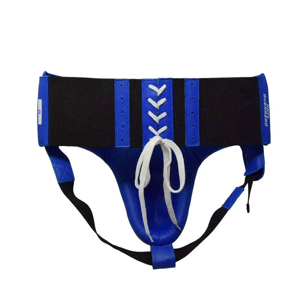 Blue and black boxing groin protector with white laces for pro-grade protective gear
