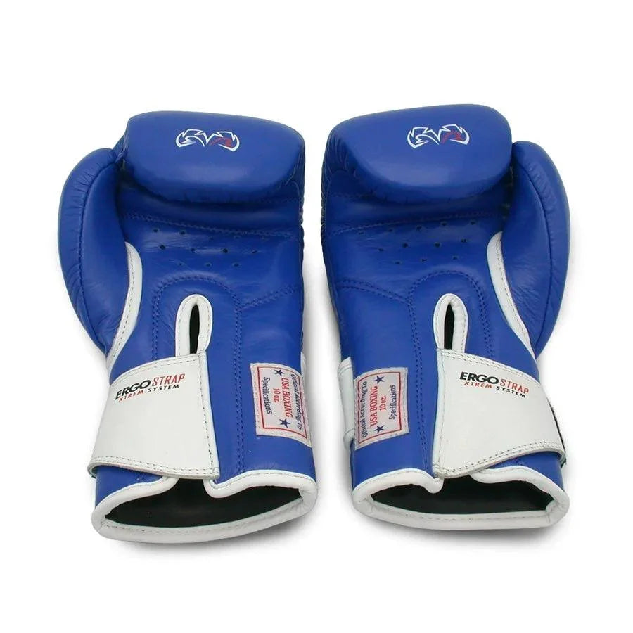 Pair of blue and white amateur boxing gloves with ergonomic wrist straps