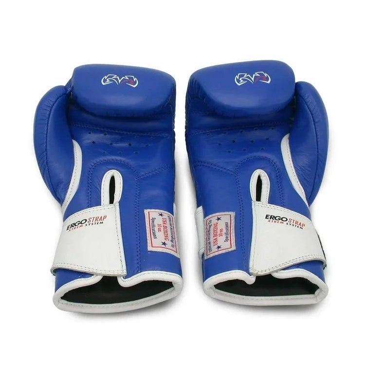 Pair of blue and white amateur boxing gloves with ergonomic wrist straps