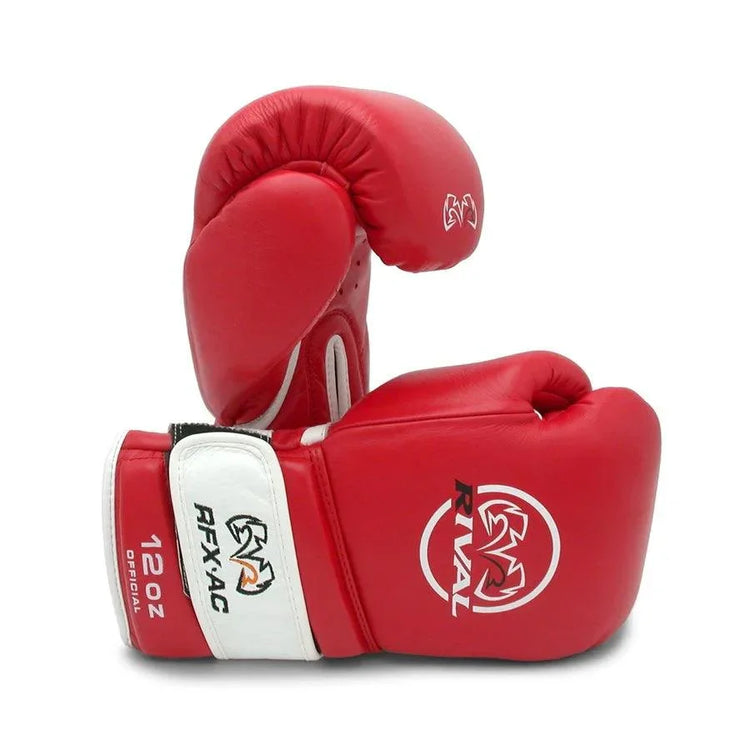 Red boxing gloves with white wrist strap, 12 oz, Rival RFX-AC amateur competition gear
