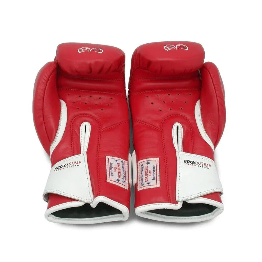 Red and white amateur boxing gloves with Ergo Strap system and breathable palm perforations.