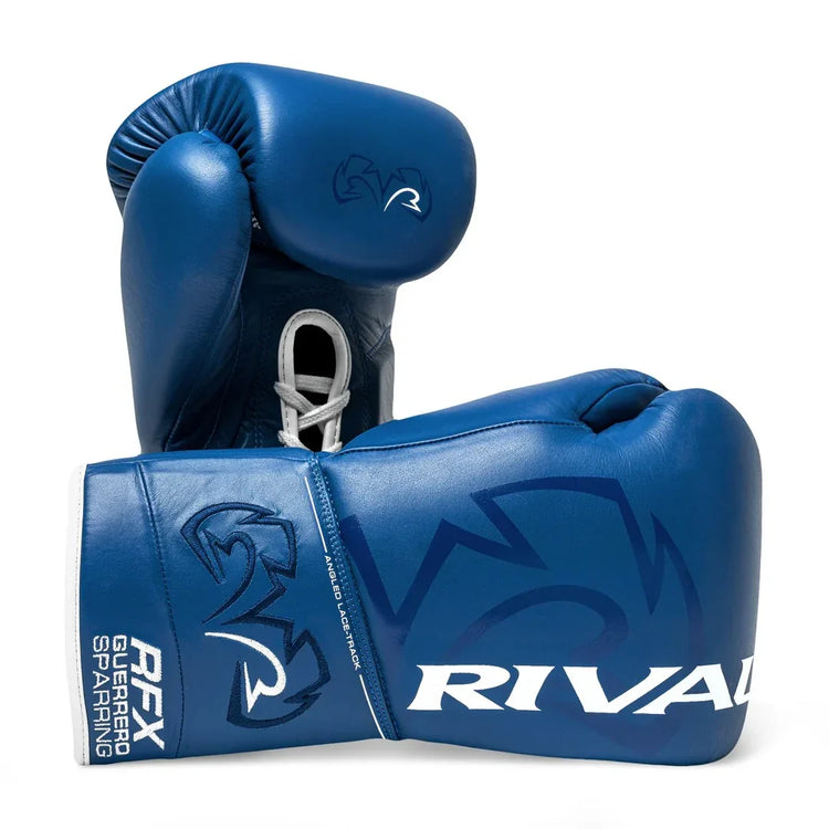 Blue Rival RFX Guerrero sparring boxing gloves with angled lace-up track, pro-grade leather gear