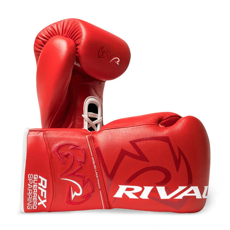 Red Rival RFX Guerrero sparring boxing gloves with white laces and logo design