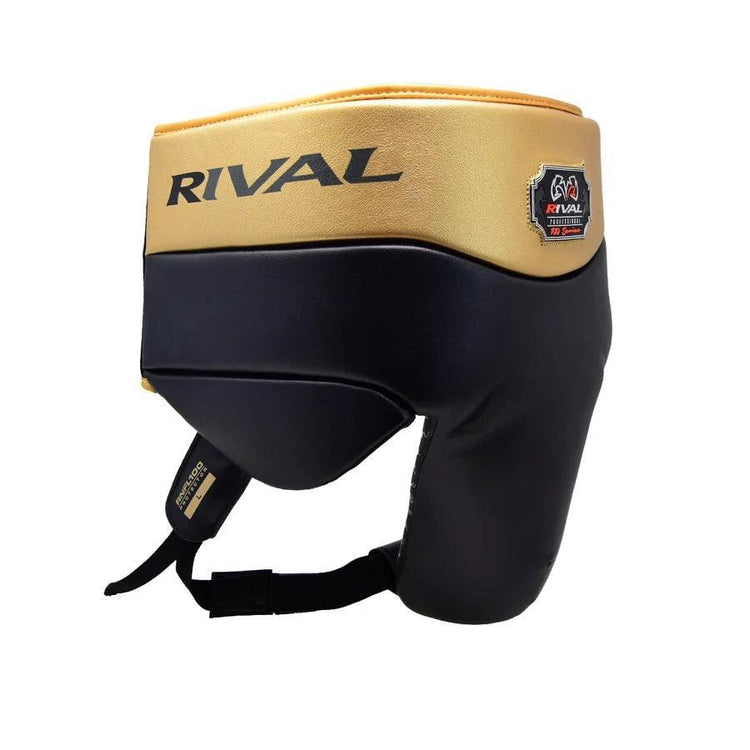 Black and gold Rival boxing groin protector with adjustable strap and padded design