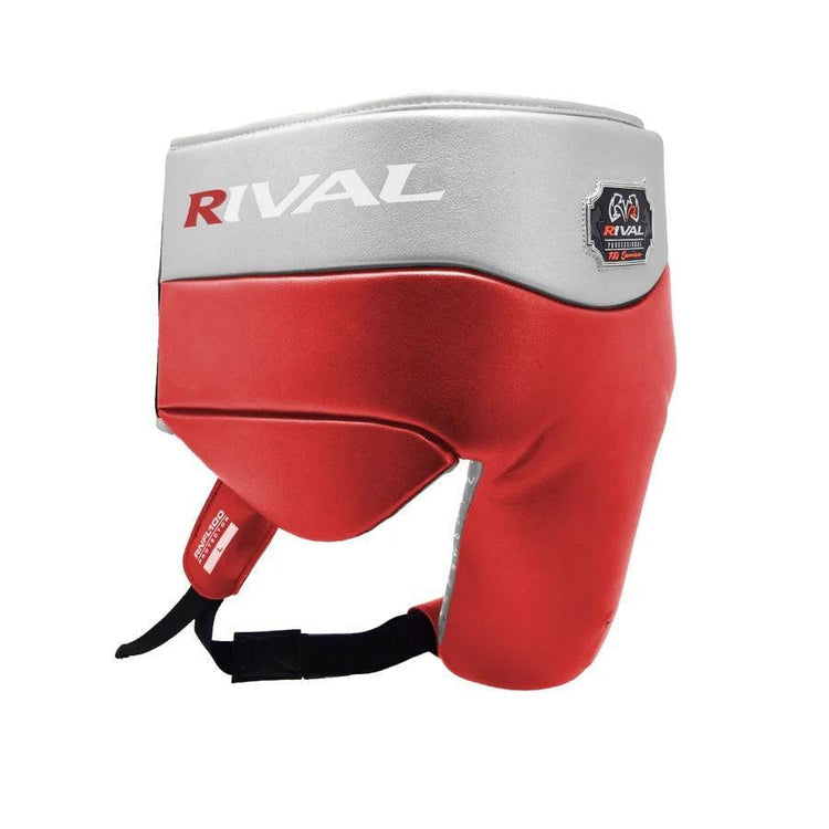 Red and silver boxing groin protector with padding and Rival logo, pro-grade training gear