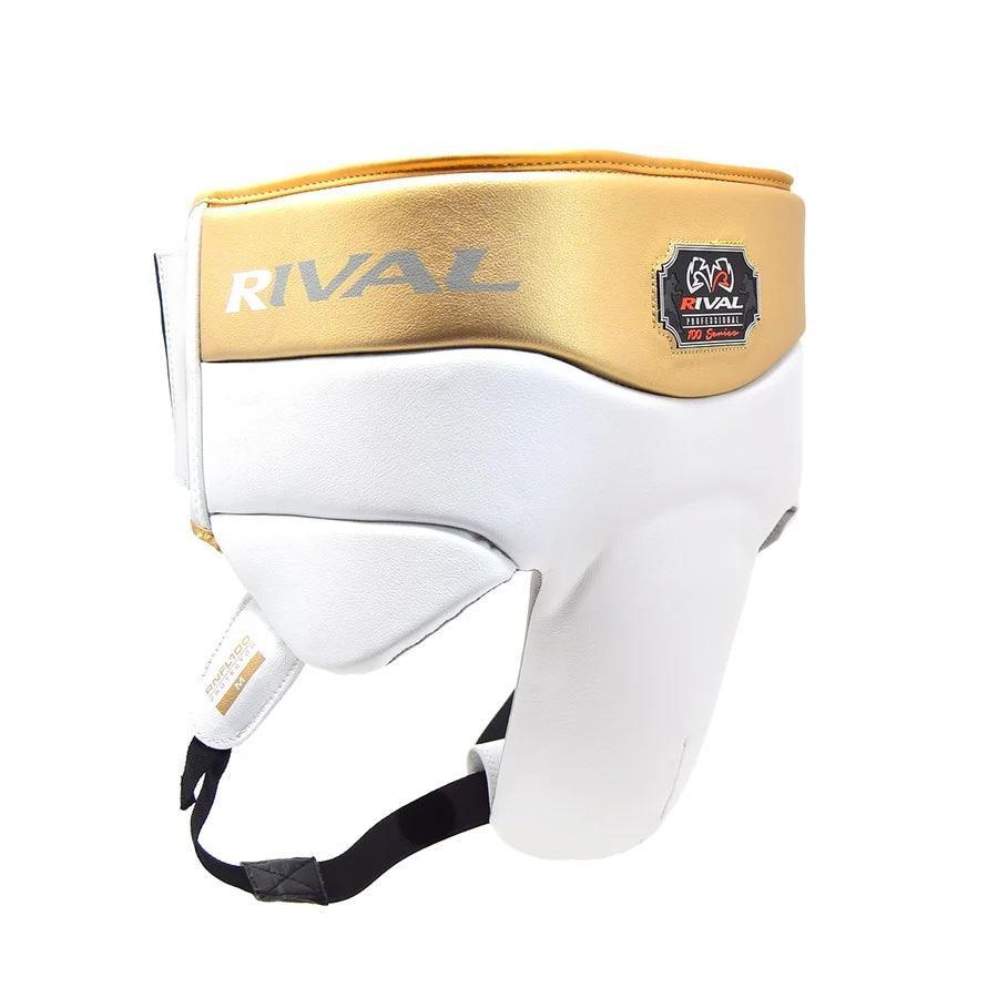 White and gold boxing groin protector with Rival logo, pro-grade protective gear