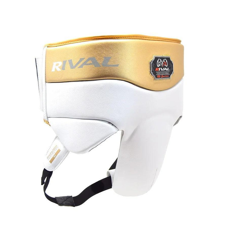 White and gold boxing groin protector with Rival logo, pro-grade protective gear