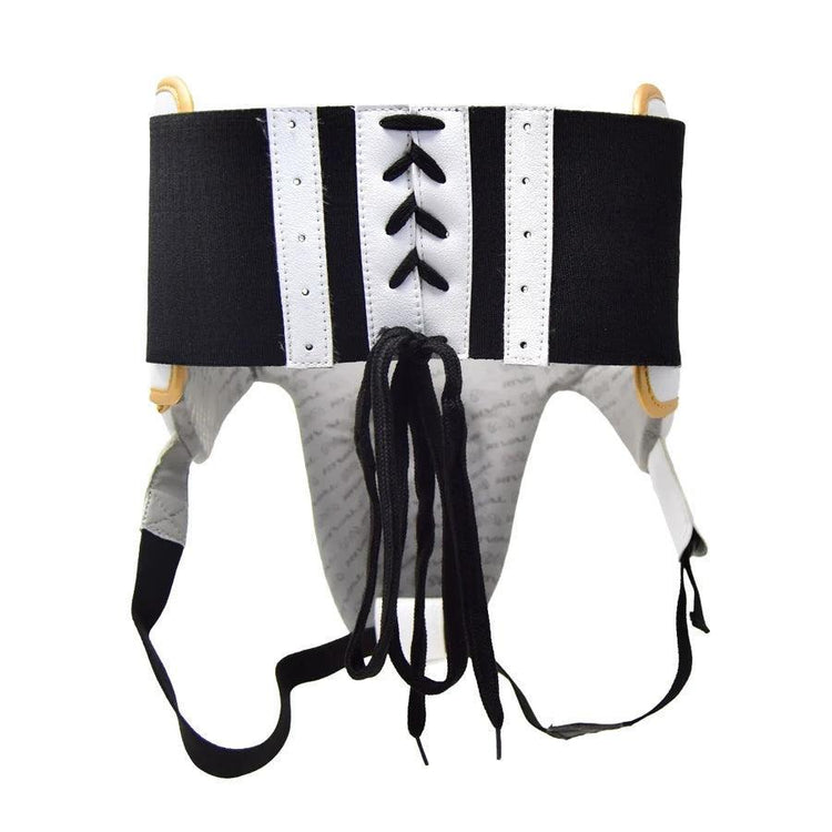 White and gold boxing groin protector with black lace-up front and adjustable straps