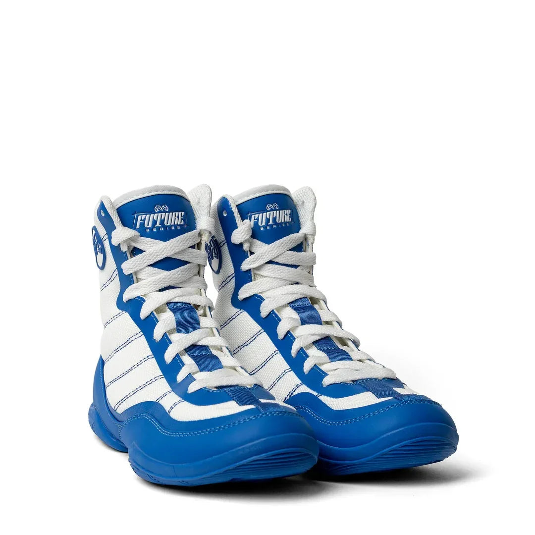 White and blue high-top boxing shoes with laces for training and competition