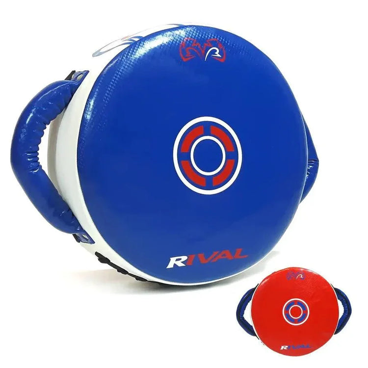 Blue and red Rival boxing punching pad with target design and sturdy side handles