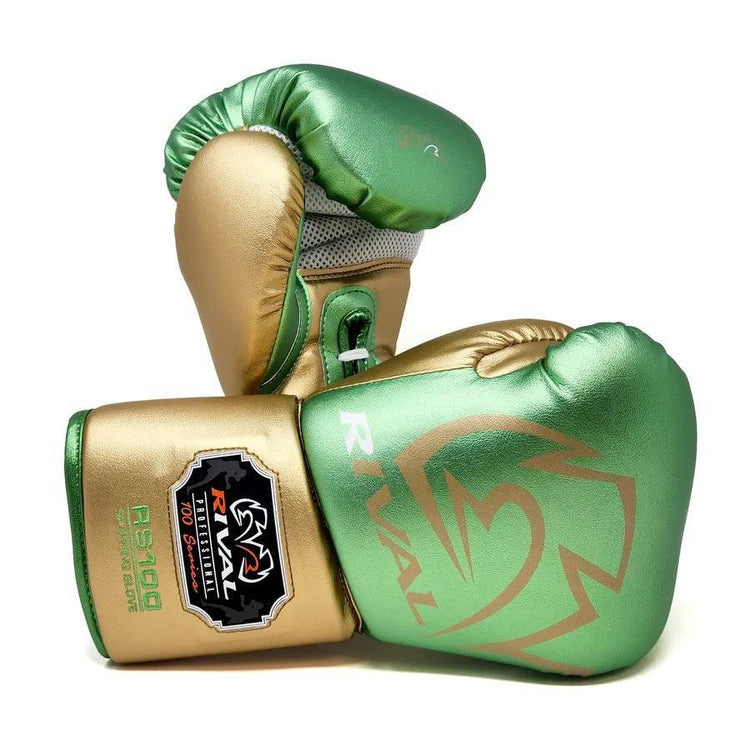 Green and gold professional boxing gloves with Rival logo for training or sparring.