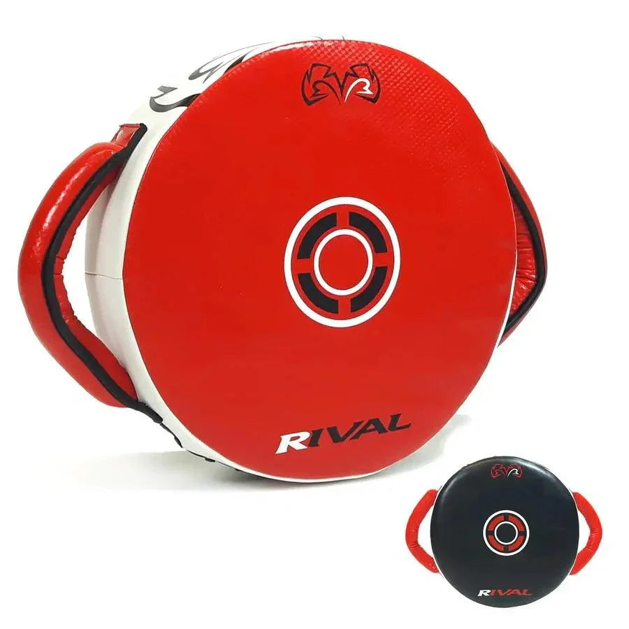 Red and black Rival boxing punch shield with target design and dual side handles