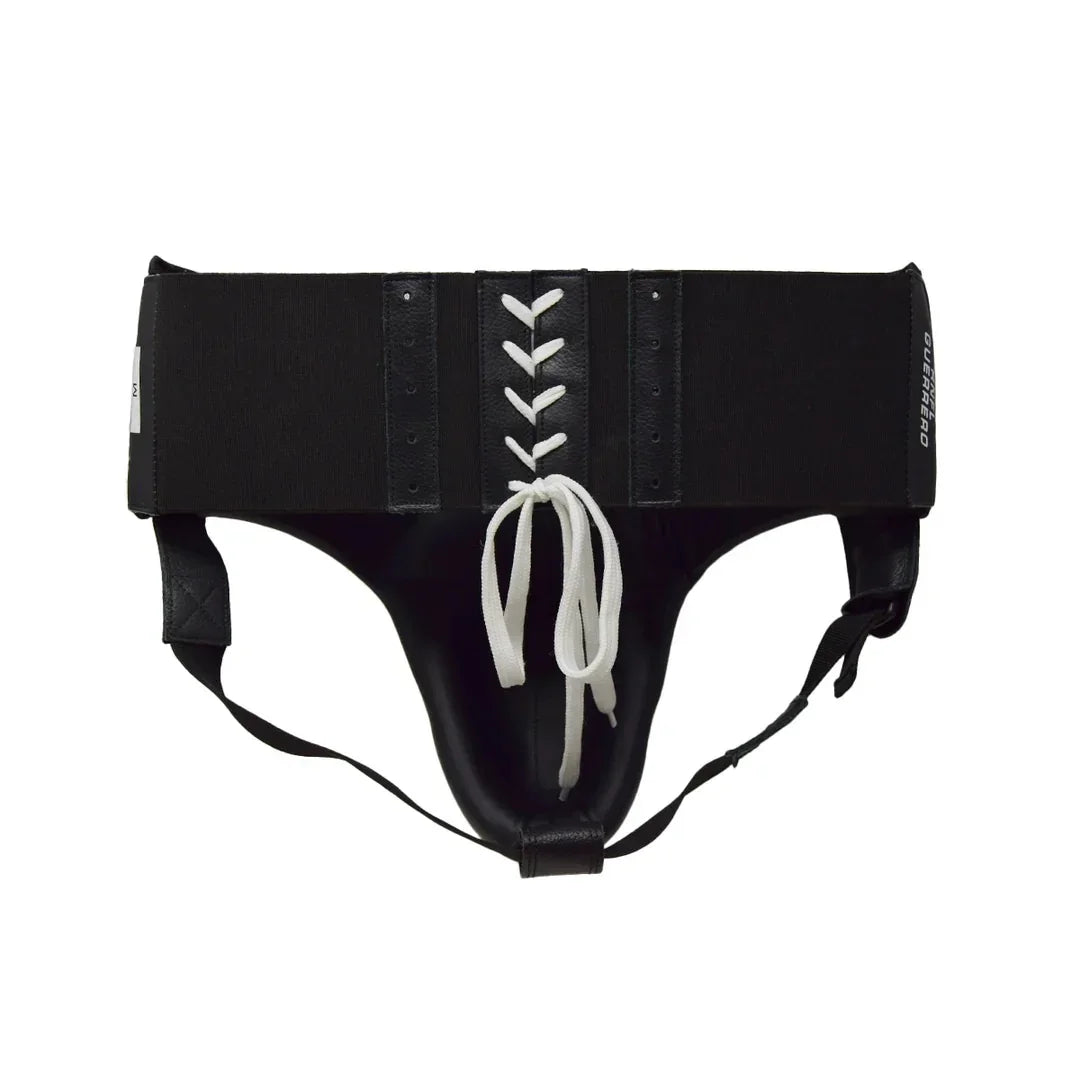 Black lace-up boxing groin protector with white laces and sturdy elastic straps
