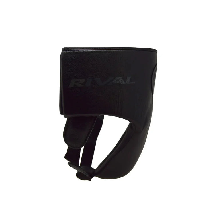 Black Rival boxing groin protector with adjustable straps, side view, on white background