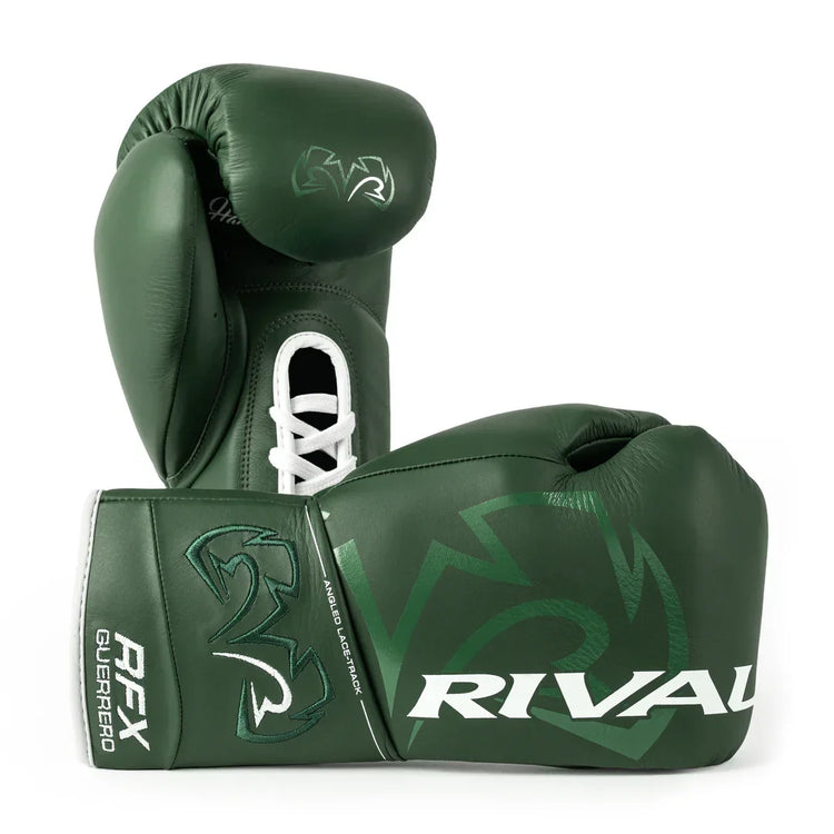 Green lace-up Rival boxing gloves with logo and RFX Guerrero text, pro boxing equipment