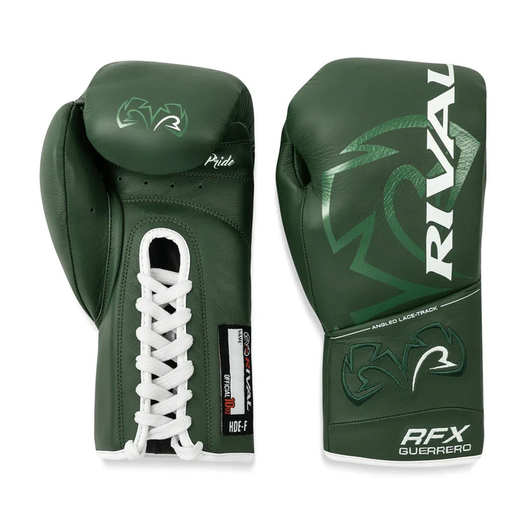 Green Rival RFX Guerrero pro boxing gloves with lace-up closure, white branding, isolated on white background.