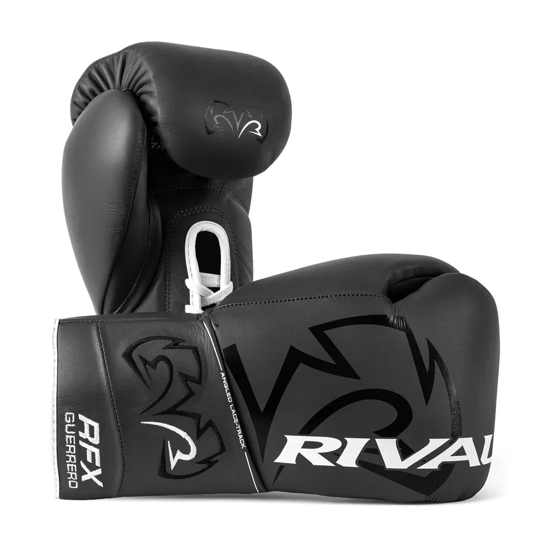 Black Rival RFX Guerrero professional boxing gloves with lace-up closure, angled wrist design
