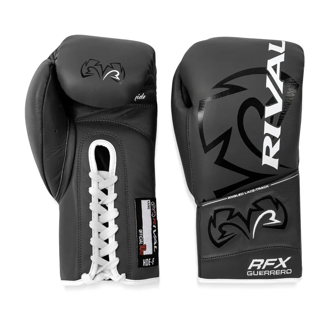 Grey lace-up pro boxing gloves with white accents, Rival logo, RFX Guerrero model