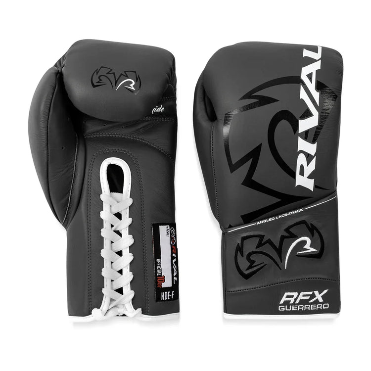 Grey lace-up pro boxing gloves with white accents, Rival logo, RFX Guerrero model