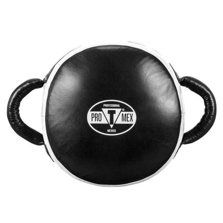 Black and white ProMex professional boxing punch shield pad with side handles